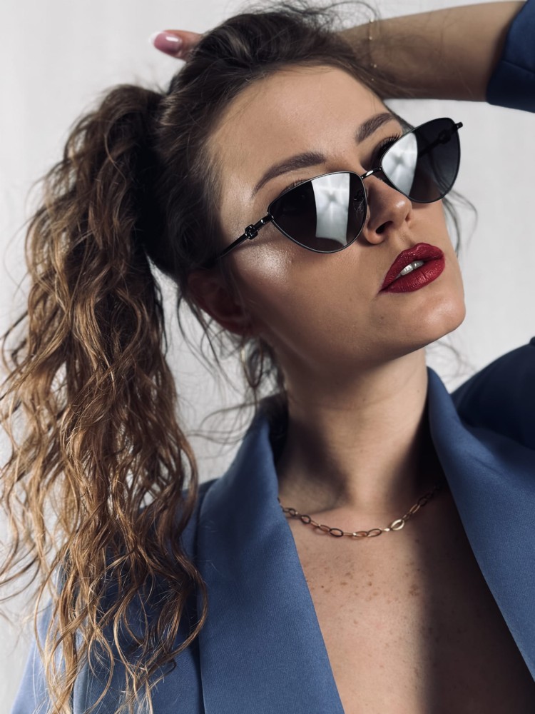 DELUXE damskie okulary przeciwsłoneczne z polaryzacją glamour małe metalowe gunmetal kocie