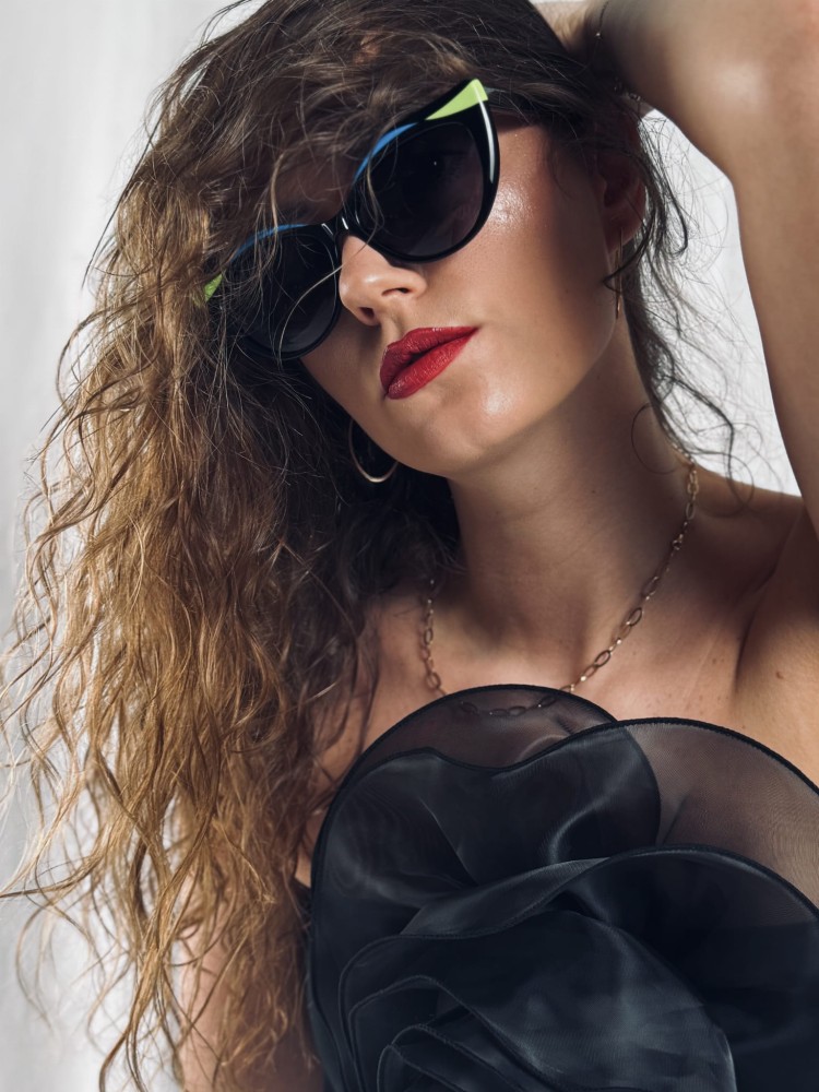 DELUXE damskie okulary przeciwsłoneczne z polaryzacją czarne kocie oko z neonowymi akcentami